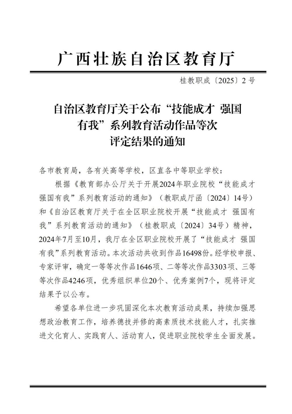 桂教职成〔2025〕2号自治区教育厅关于公布“技能成才 强国有我”系列教育活动作品等次评定结果的通知_01