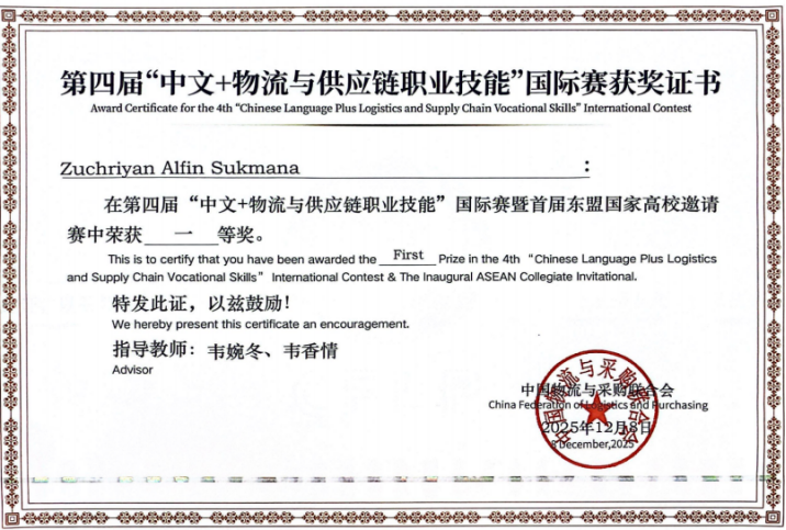 Certificate of Award for Zuchriyan Alfin Sukmana
